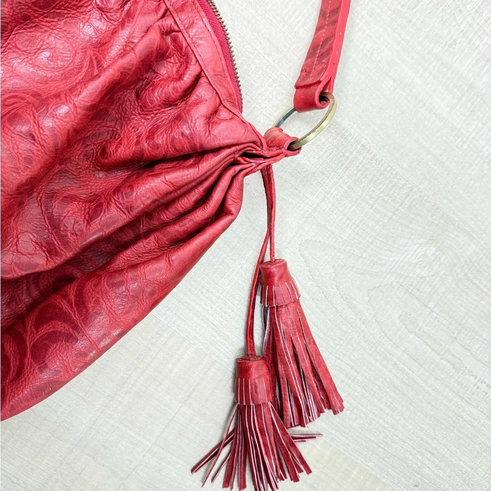 SABINA NEW YORK Red Embossed Leather Hobo Bag Tassels Vintage